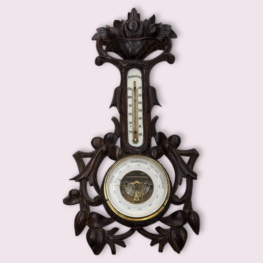 Antique Dutch Carved Wood Barometer Thermometer Weather Station‎ HF Mark Broken